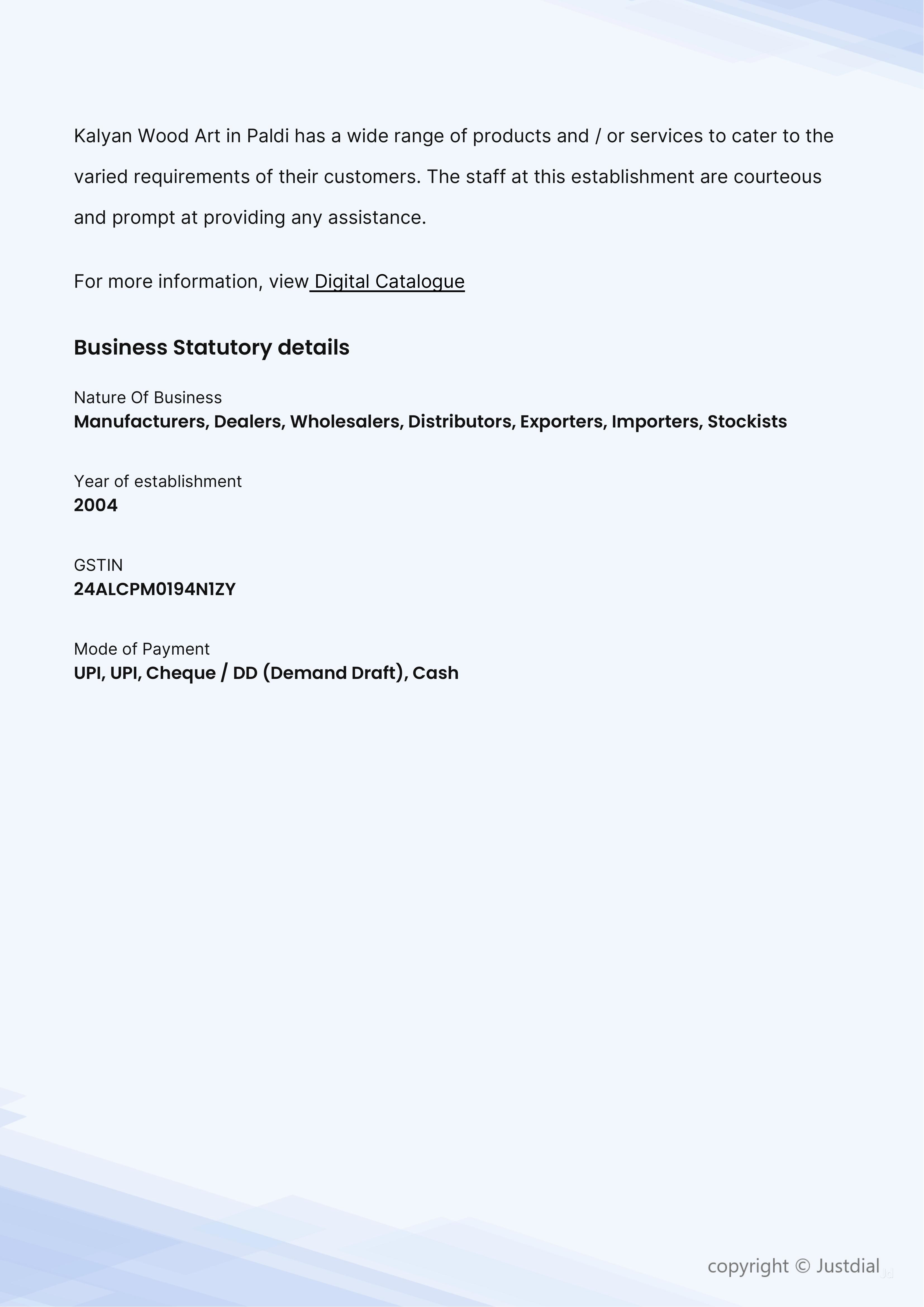 Kalyan Wood Art Manufacturer from Paldi, Ahmedabad, India Company