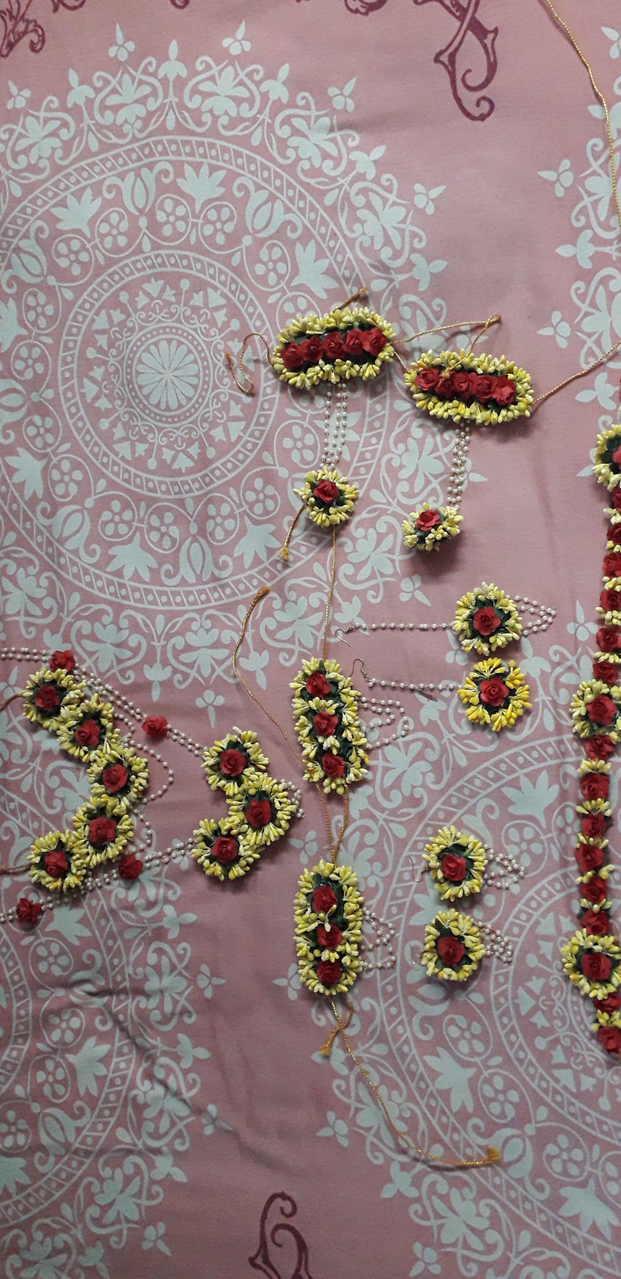 USHA BENTEX Women's Artificial Floral Gota Patti Jewelry Set - Red/Pink/Green Bridal Party Set