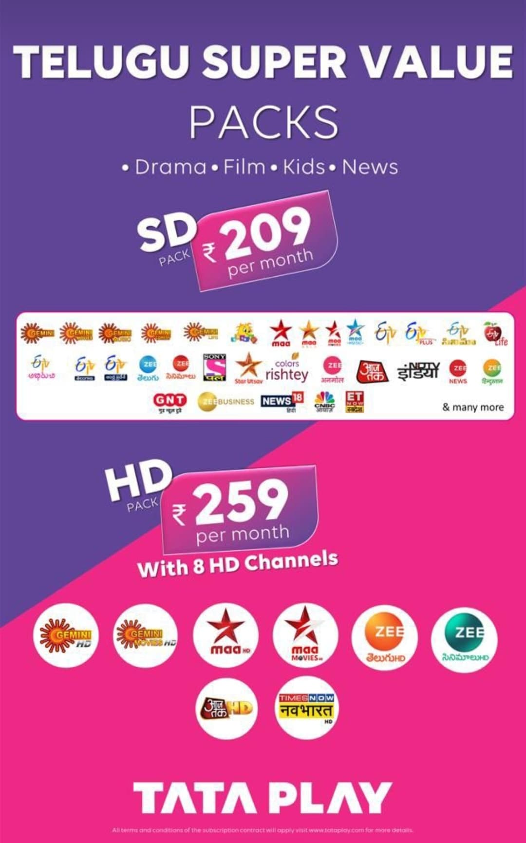 channel list tata sky monthly telugu pack price