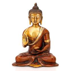 Brass Statue Exotic India Buddha Seated On A Lotus Color Green GoldColor His Hand In Bhumisparsha Mudra