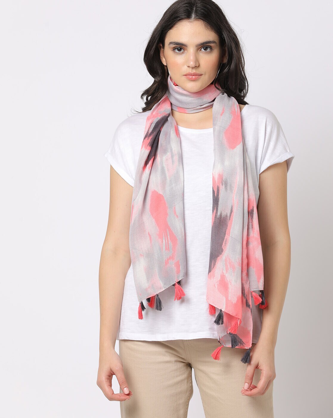 Women's Printed Silk Wrap Scarf with Tasseled Border in Delhi at