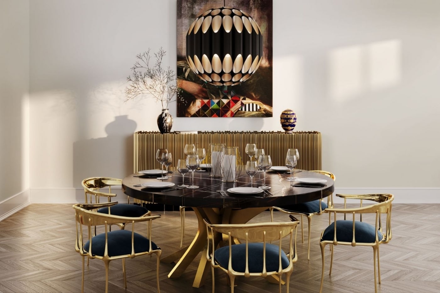 Modern Round Dining Table, Wood Frame, Glass Top, Seats in