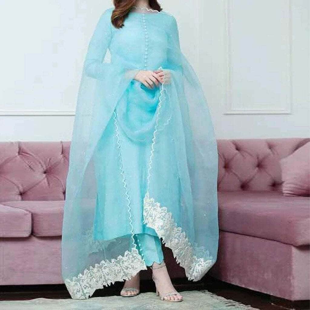 Cotton Simple Salwar Suit Design Pretty Sky Blue Organza Silk