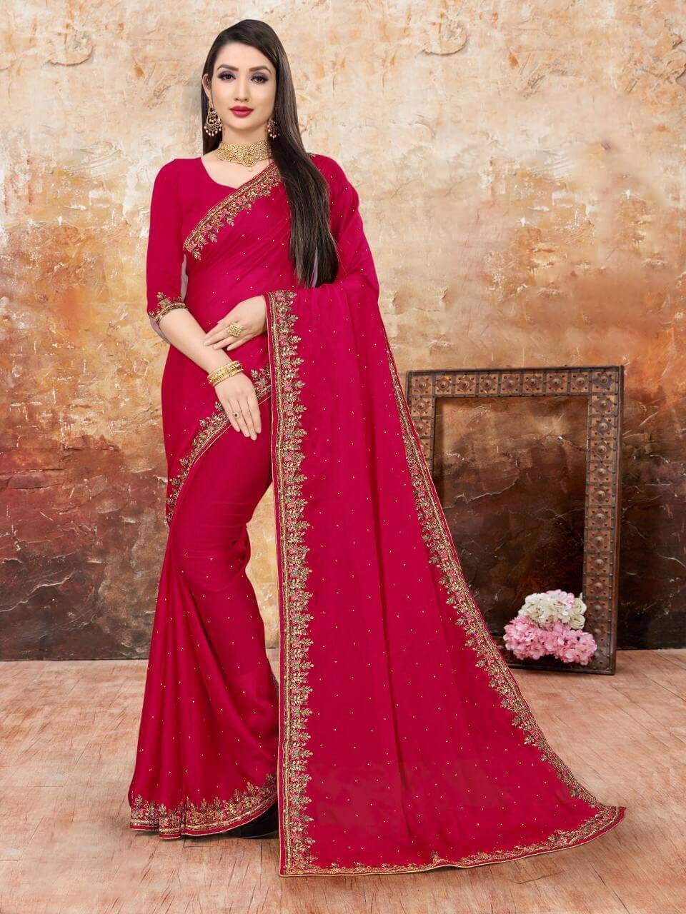 Red Party Wear Silk Touch Ladies Designer Saree, m (separate