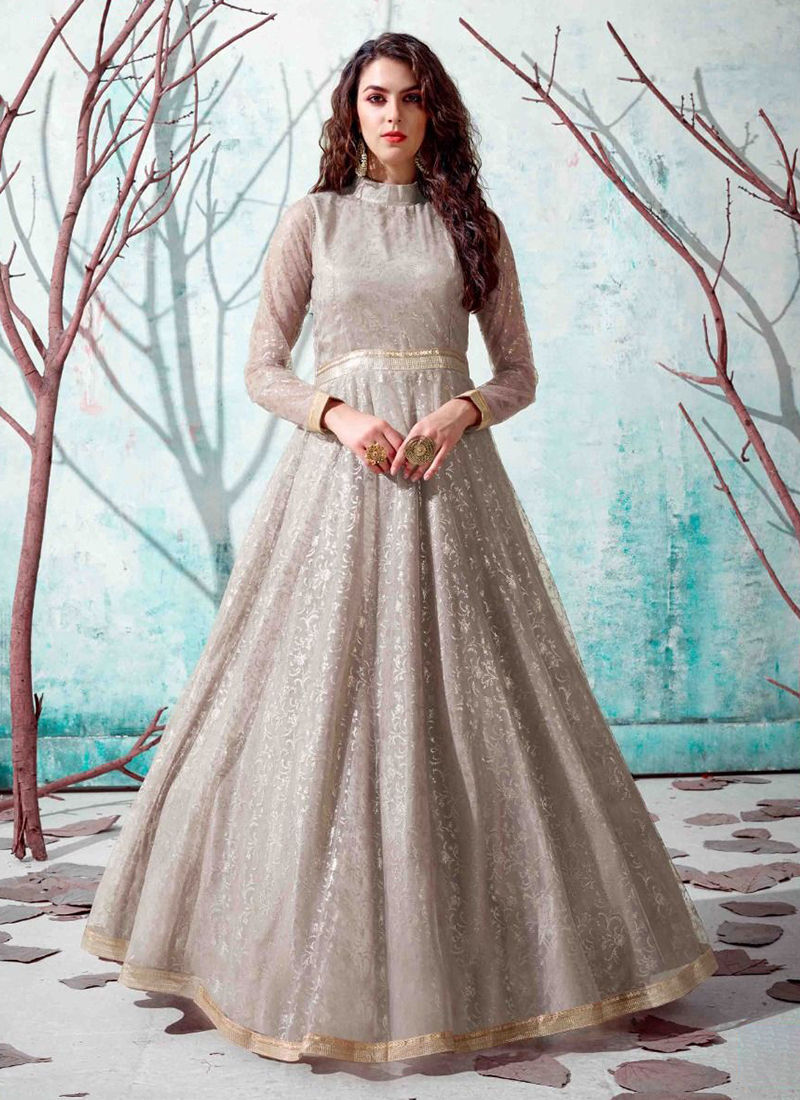 Bollywood Designer Embroidered Silk Mermaid Gown with Off Shoulder - Main Image