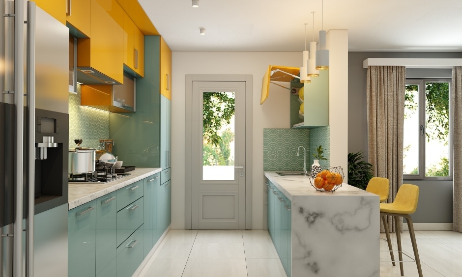 A Parallel Shaped Kitchen With A Dual Colour And A Breakfast