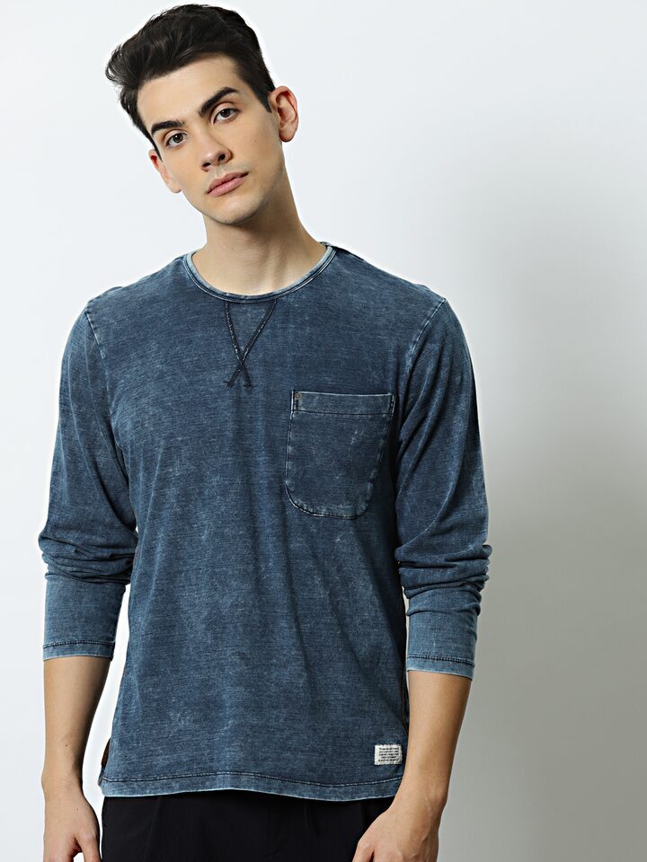 Regular Fit Denim T-Shirt, Round Neck, Half Sleeve, Solid in