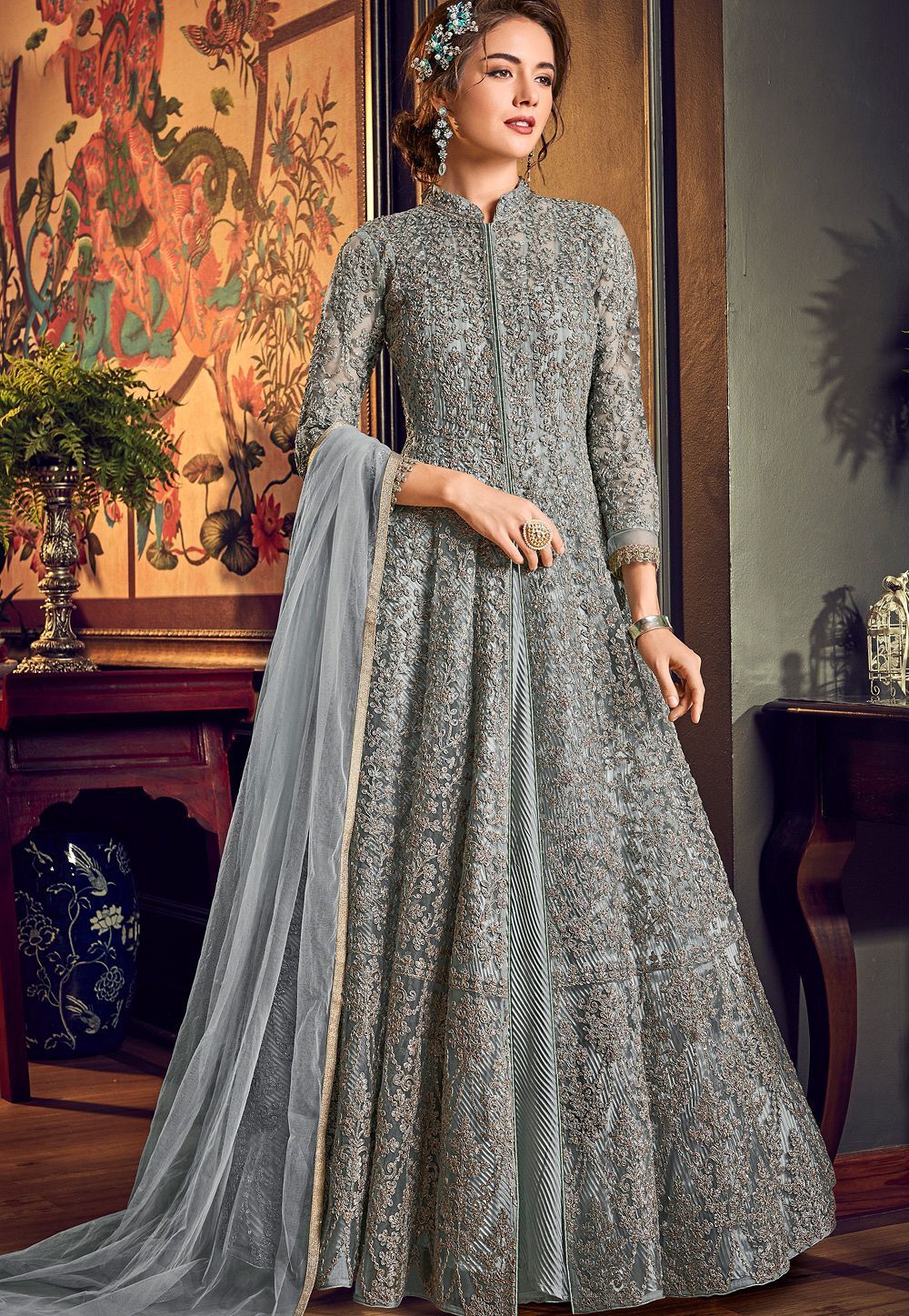 strapless open back dress Women's Blue Faux Georgette Embroidery Anarkali Set Blue / 2XL