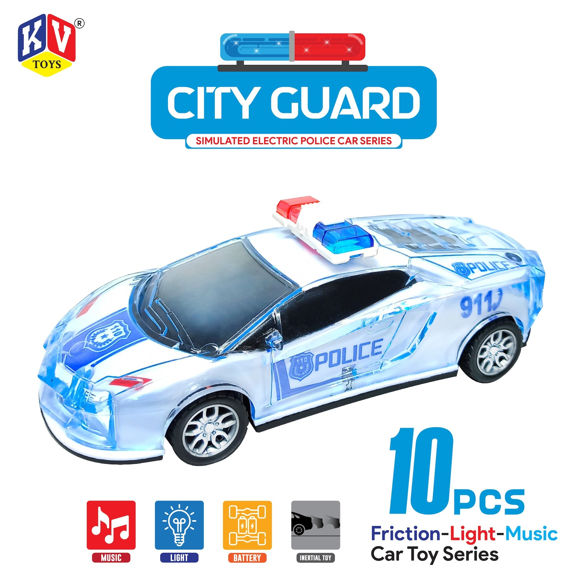 10 Pcs Friction City Guard Police Car With Music Light (470) in