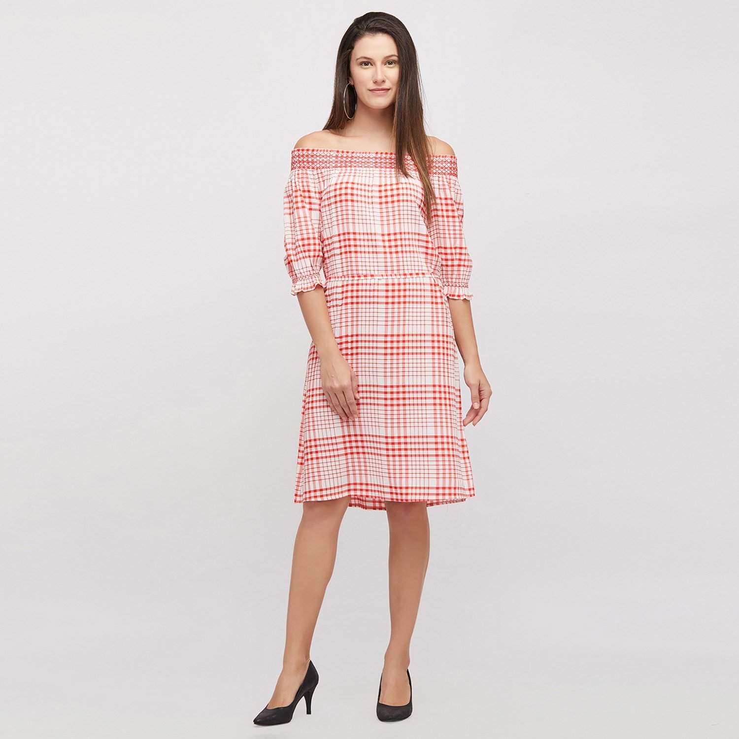 off shoulder checkered dress