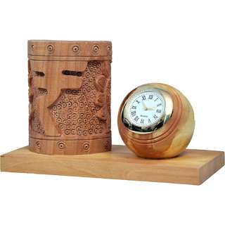 Buy Aj Creations Aj Creations Antique Handcrafted Decorative Wooden Table Clock With Rupee Designed Penstand Features Price Reviews Online In India Justdial