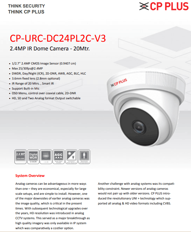 Infrared Dome Microphone Camera CP-URC-DC24PL2C-V3 in