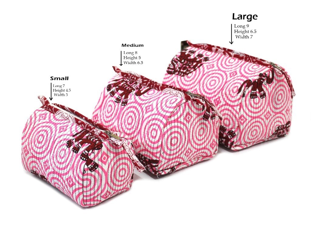 pc set of Hand block printed makeup bag, Quilted makeup bag
