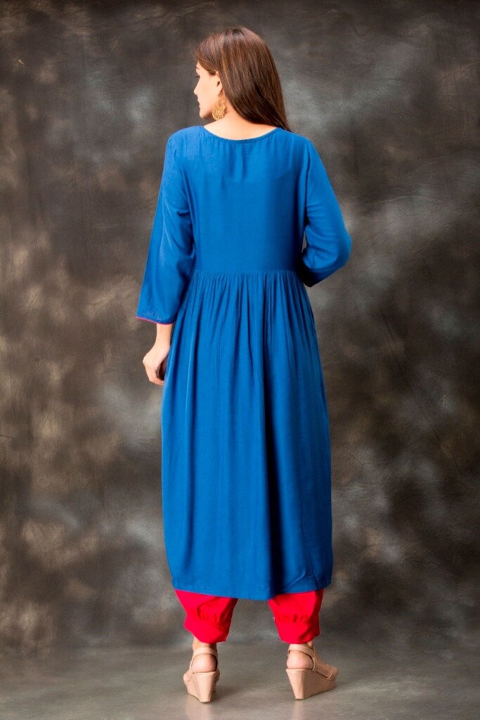 New Collection Design Ink Blue Color Embroidered Rayon Kurtis in