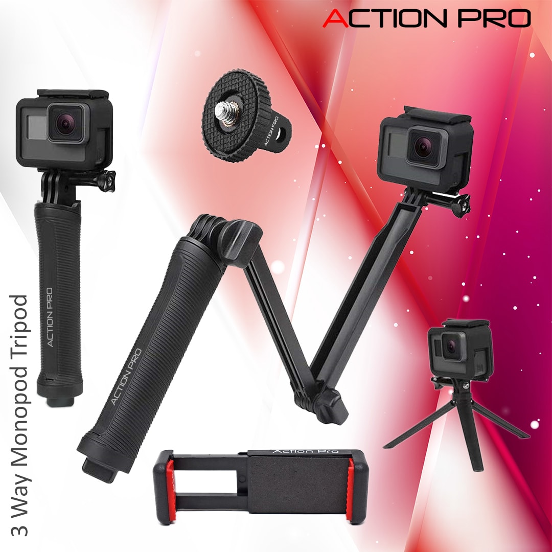 Action Pro 3 Way Monopod Tripod Mount Extension Arm Compatible with GoPro Hero