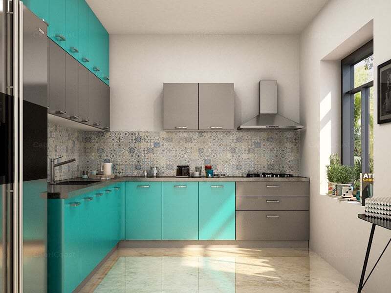 Adela L-Shaped Leather Black and Henna Green Modular Kitchen in