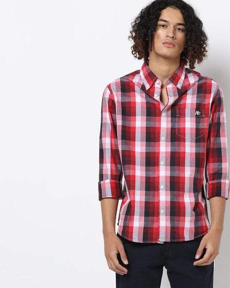 Aeropostale Mens Checked Slim Fit Shirt with Patch Pocket (Red