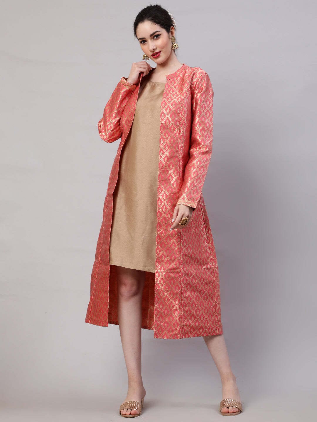 peach and gold dress combination Shirred Peach Chiffon Crepe Gold Straps Bridesmaid Dress