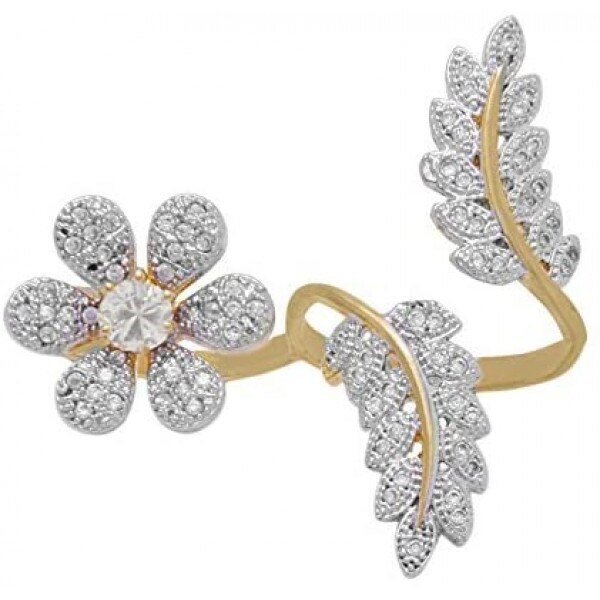 American Diamond Flower Leaf Design Double Finger Ring for Women