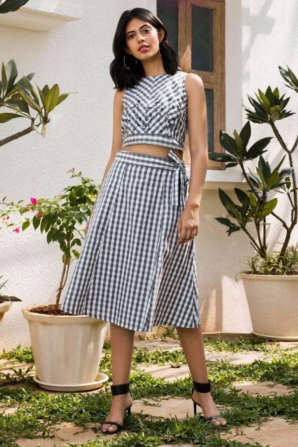 AND Grey White Checks A-Line Skirt (Size: 32, SS19AN157SKY83) in