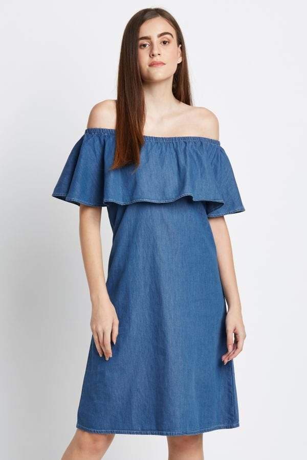 cobalt blue summer dresses Fashion Summer Off Shoulder Denim Dress With Bell Sleeve  EDITE MODE
