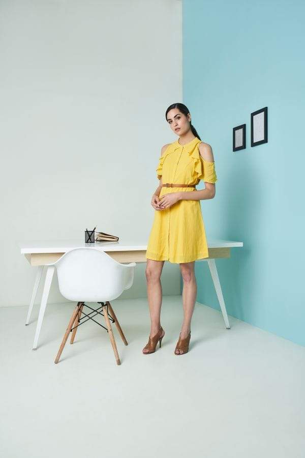 AND Mustard Cold-Shoulder Dress (Size: 14, SS18AB145DRCV) in