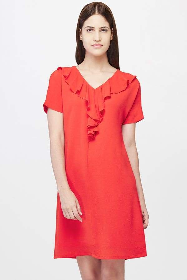 oh polly red ruffle dress Nevali Bandeau Ruffle Detail Maxi Dress in Red