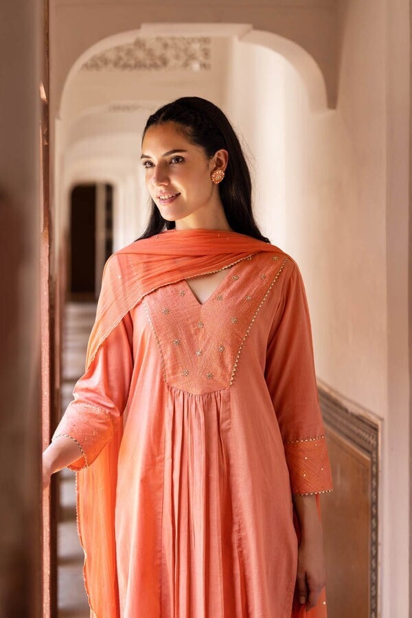 Apricot Peach Gold Cotton Designer Women Kurti in Kolkata at