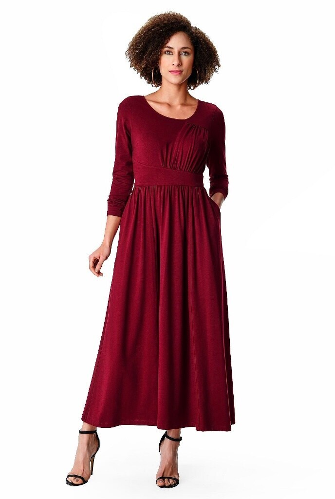 Bohemian V Neck Ruched Maxi Dress, Cotton, Short Sleeves, Solid