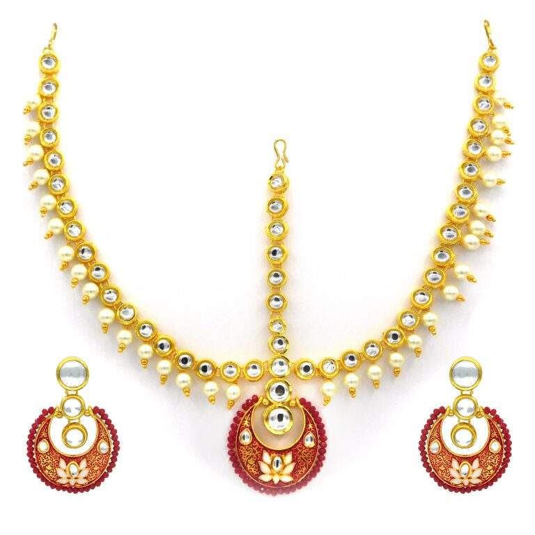 Matte Kundan Meena Bead Drop Earrings and Maang Tikka Set for