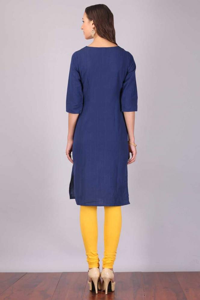 Aurelia Yellow Navy Blue Color Blocked Printed Kurta (17AUK13184