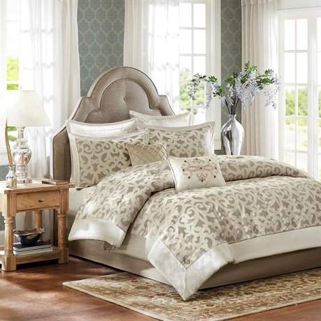 Madison Park Signature Kingsley Cal King Size Bed Comforter Set In A Bag Khaki Jacquard Vine Fretwork 8 Pieces Bedding Sets Faux Velvet Bedroom Comforters Features Faux Velvet Bedroom Comforters, California King Size Bed Comforter