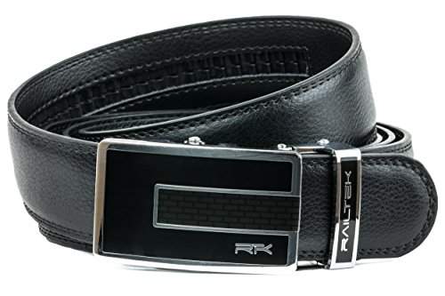 Carbon Buckle with Black Leather Railtek Belts Men/'s One Size Ratchet Belt