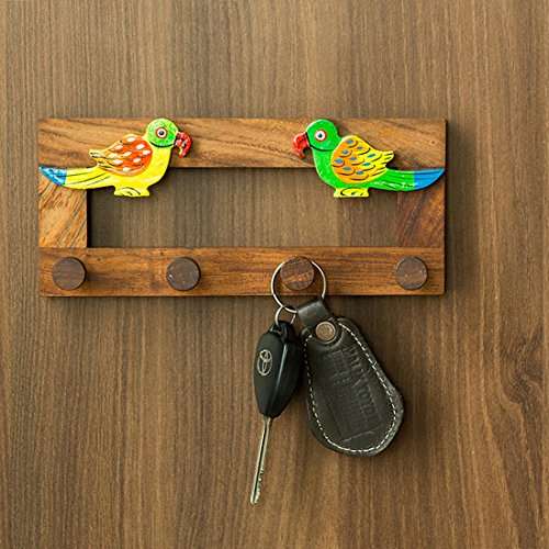 exclusivelane hand painted parrots key holder in sheesham wood wooden wall hanging key holder for home decor key hooks for wall key stand hanger