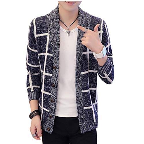 Mens Knit Cardigan Sweater Check Plaid Fashion Outerwear