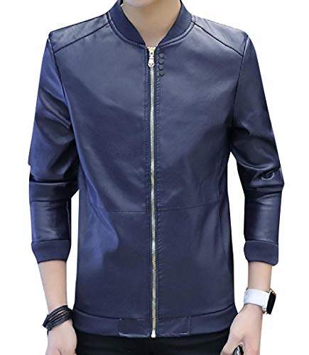 Buy Wq Amp Energy Men Smooth Spring Autumn Banded Collar Leather Coat Jacket Dark Blue S Features Price Reviews Online In India Justdial