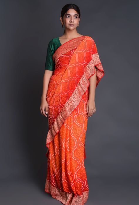 Bandhej Orange Red Ombre Georgette Bandhani Saree in Surat at
