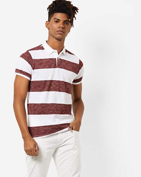 BASICS Slim Fit Striped Polo T-Shirt (Maroon, White) in Mumbai at