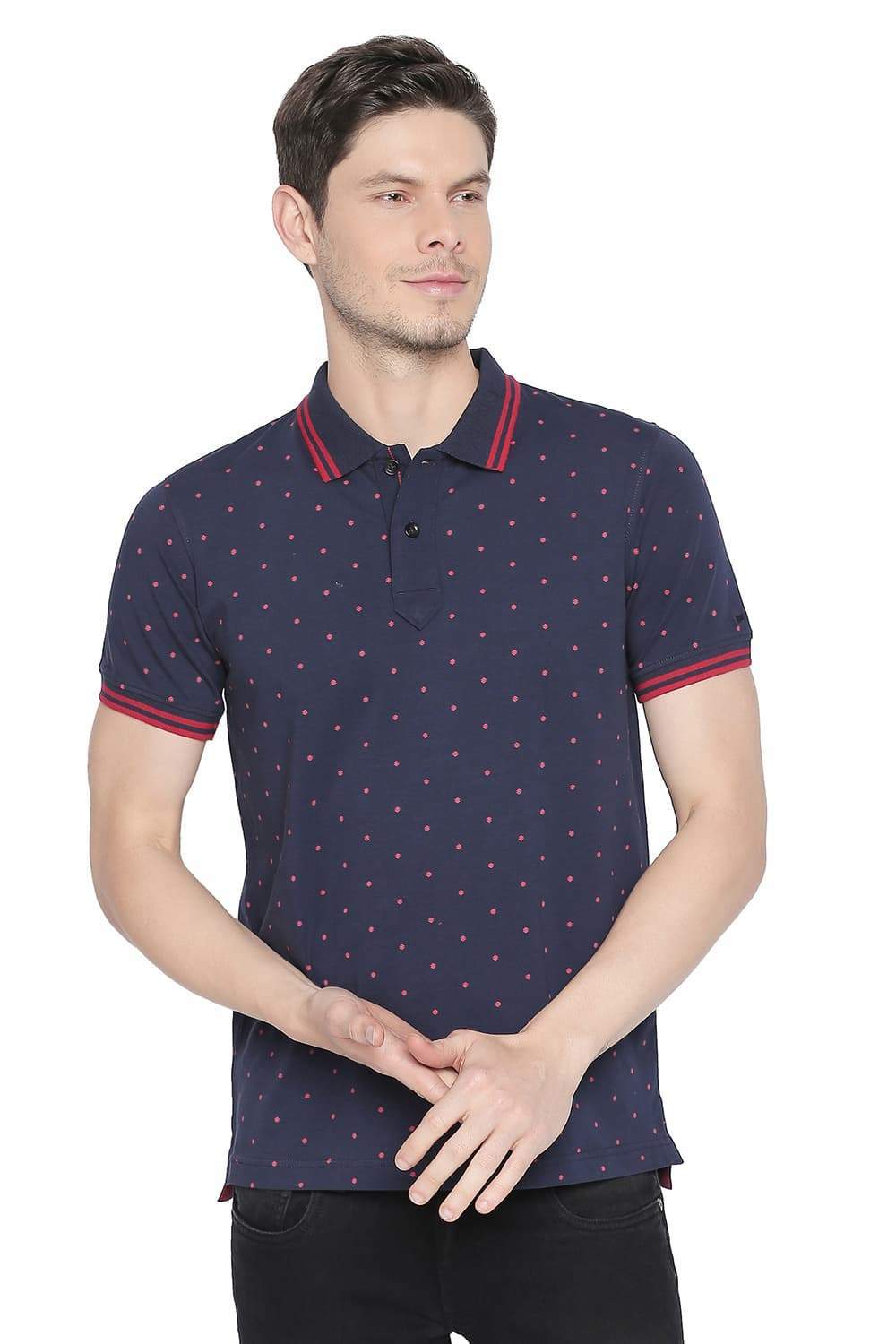 BASICS Muscle Fit Medieval Navy Printed Stretch Polo T Shirt - Main Image