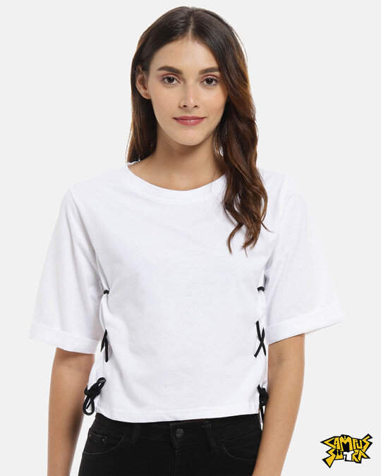 Bewakoof Campus Sutra White Solid Round Neck Casual Crop Top L in