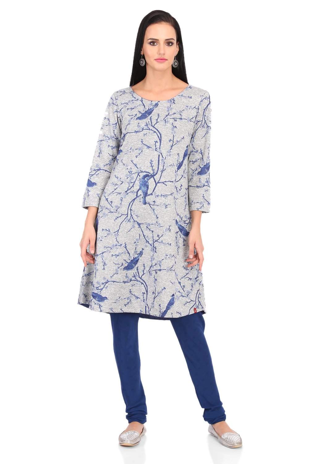Biba A Line Art Silk Kurta (Blue) in 