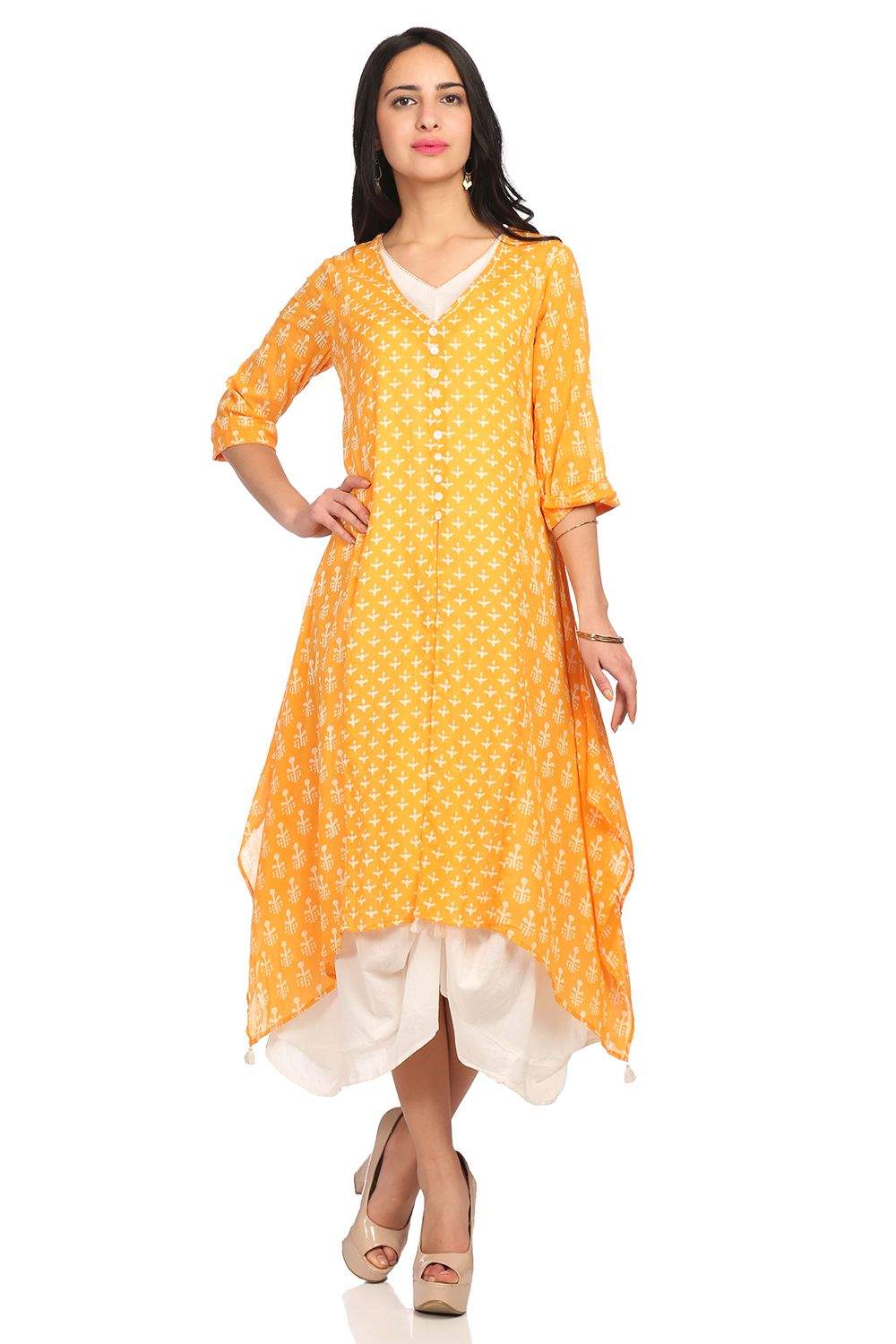 biba orange dress Biba Orange Straight Fit Printed Ethnic Dress With Slip
