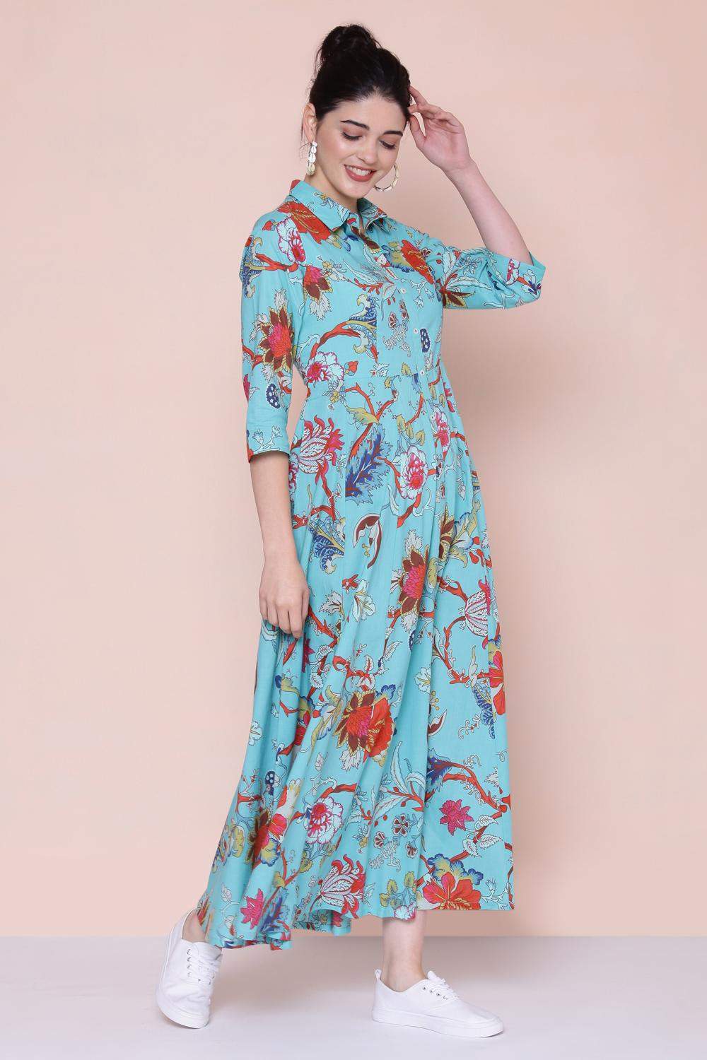 Biba Turquoise Cotton Fusion Wear Dress 