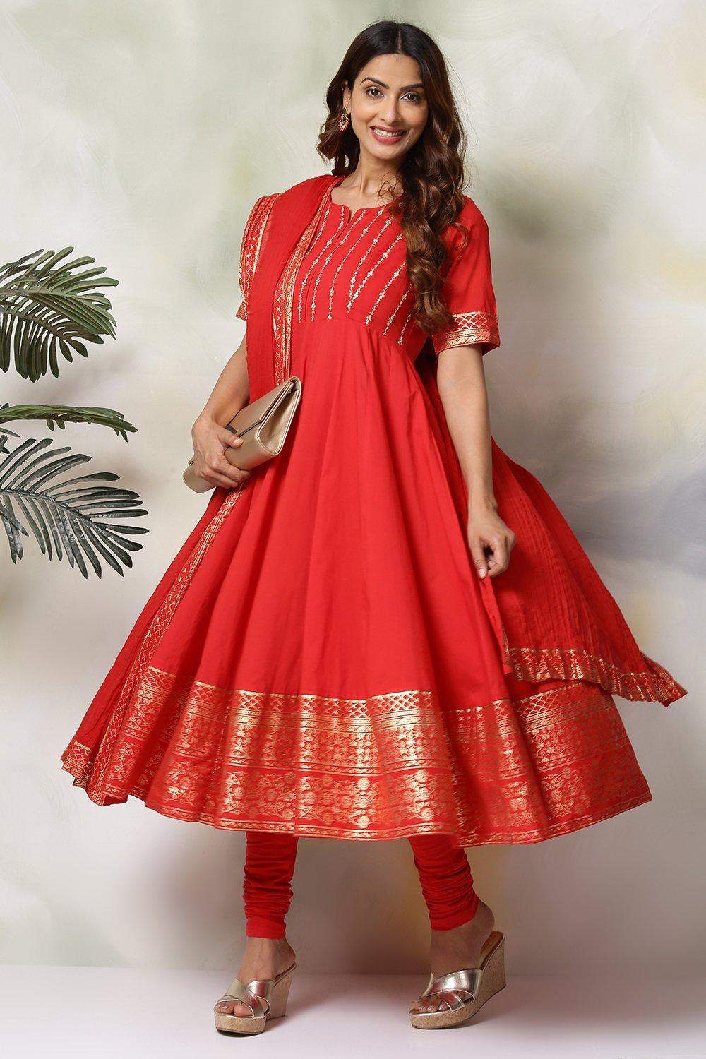 biba cotton anarkali dress Biba Women Red Yellow Floral Cotton Tiered Maxi Anarkali Dress Size 38 NWT