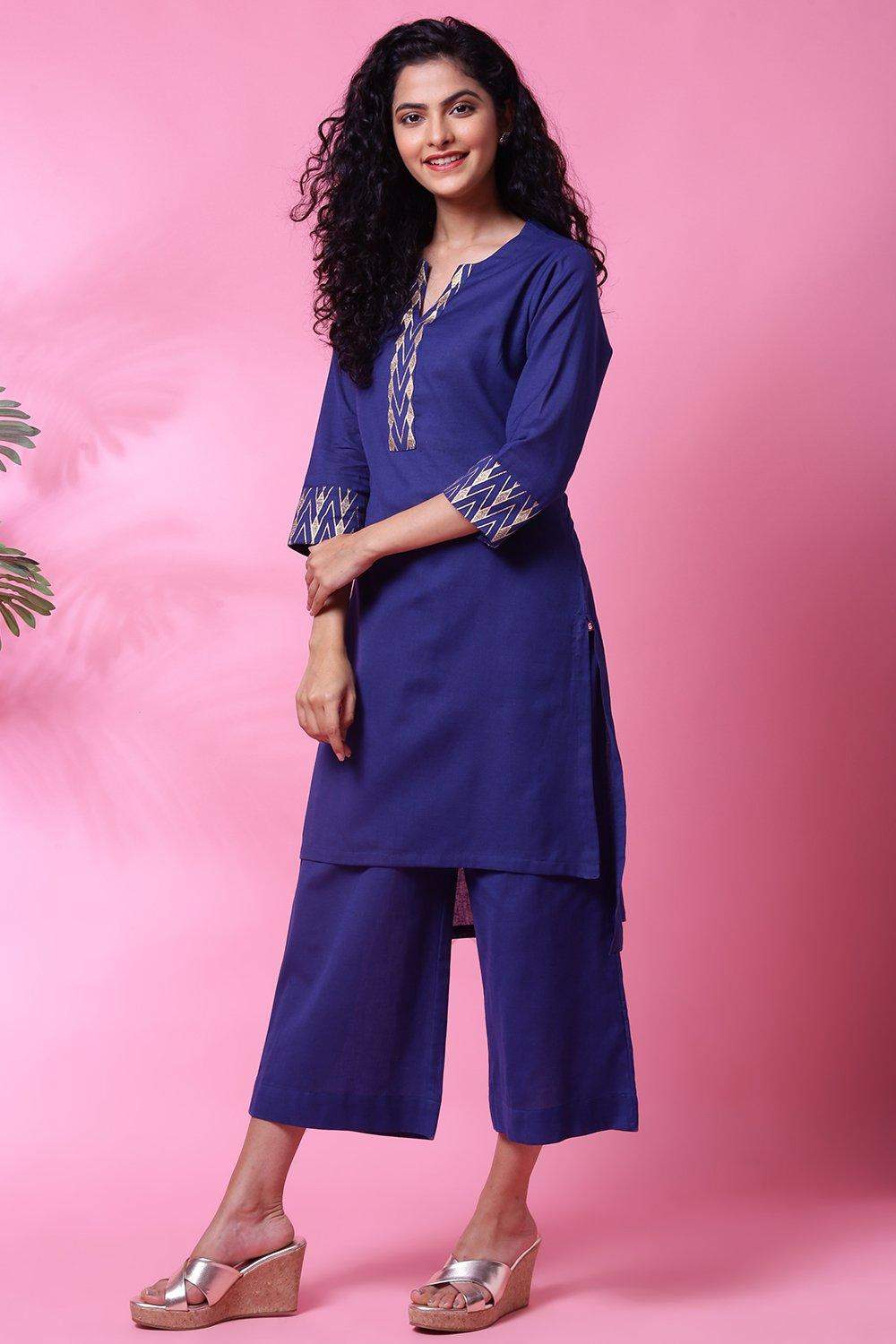 BIBA SKD7449ESS21BLU Blue Cotton Flax Straight Kurta Pants Set