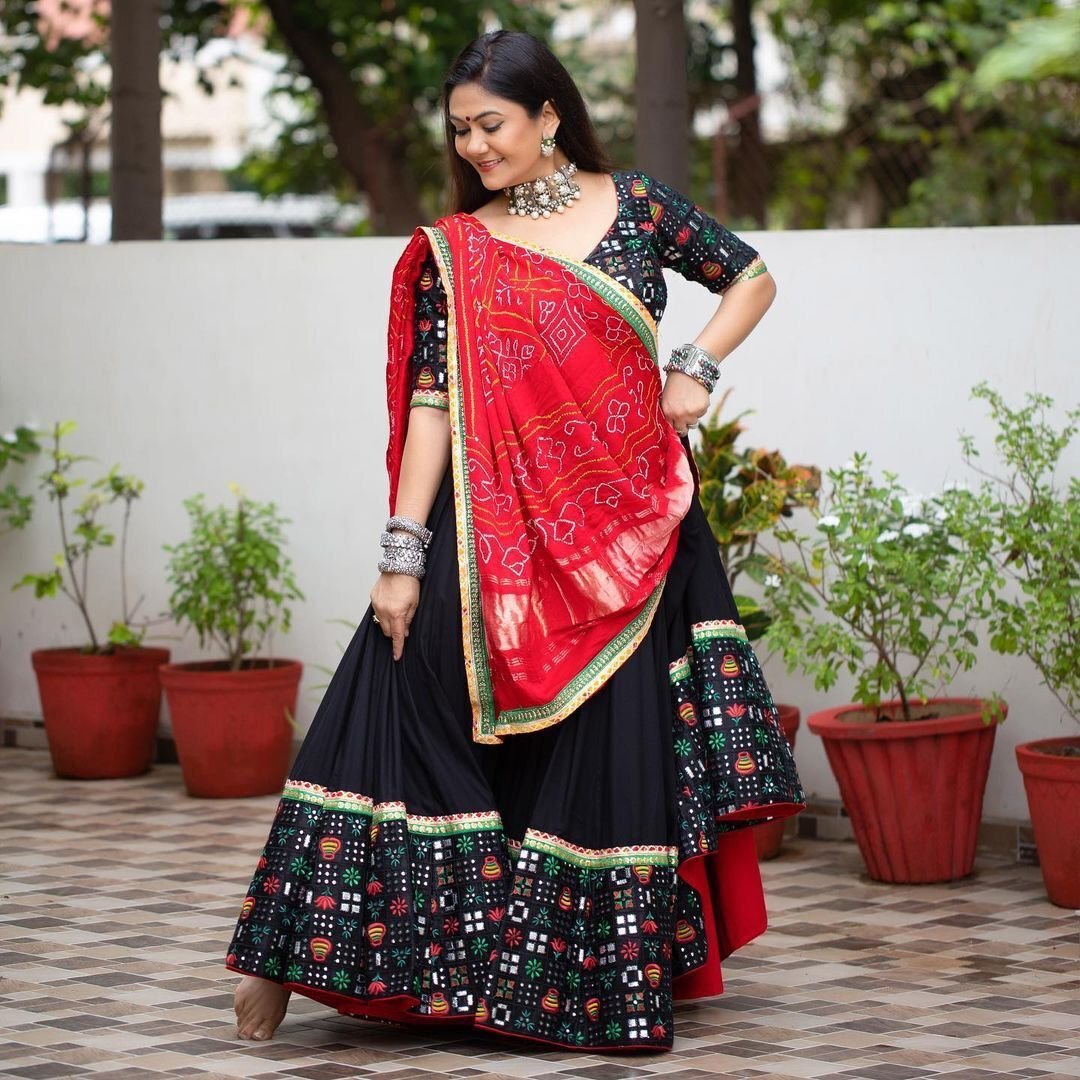 Black Silk Embroidered Peacock Patch Chaniya Choli for Women in