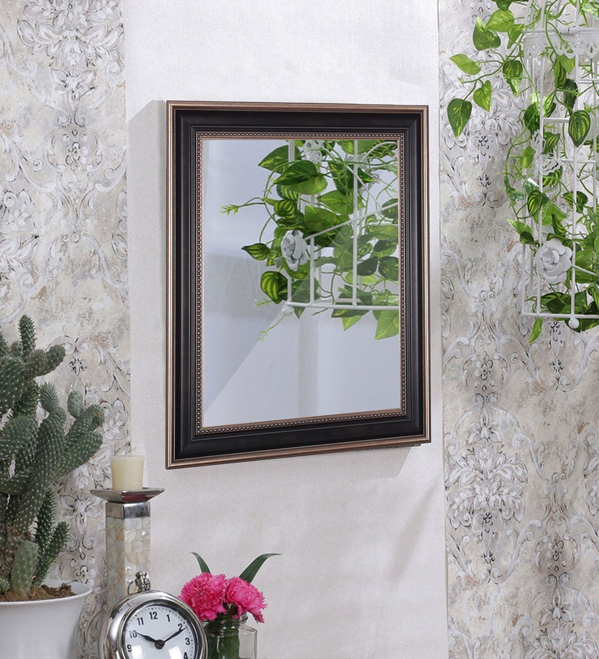 Black Rectangle Synthetic Pearl Decorative Wall Mirror Inner Size