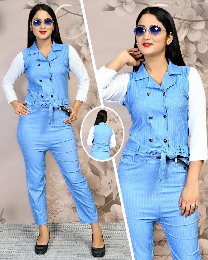 Elegant Blue V Neck Full Sleeve Jumpsuit With Belt in Delhi at