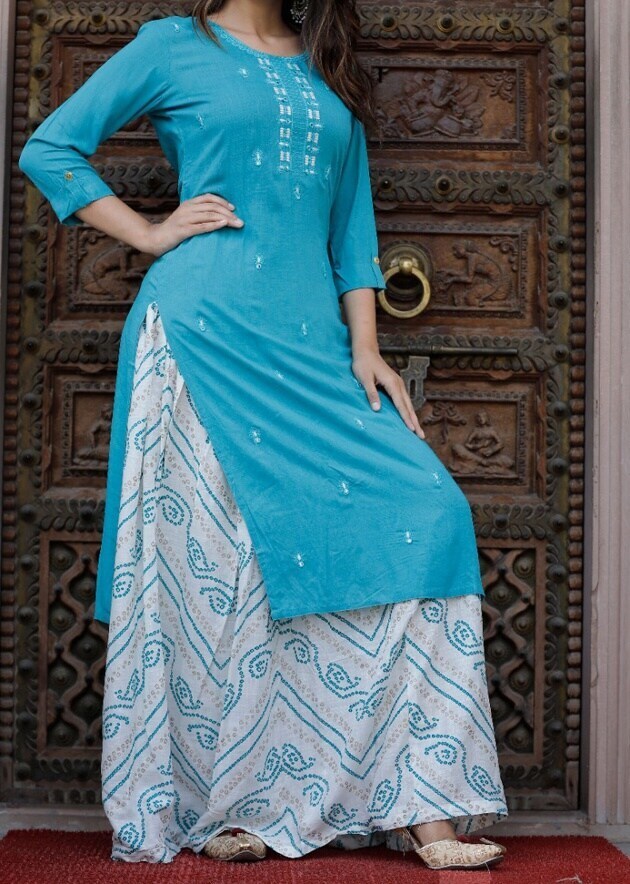 Buy Striking Sky Blue Color Ready Made Cotton Thread Work Rayon Plazo Kurti  | Lehenga-Saree