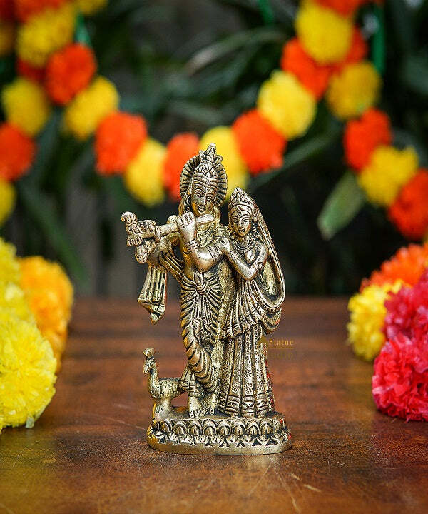 Brass Radha Krishna Idol Home Pooja Room Decor Gift Statue 5Inches